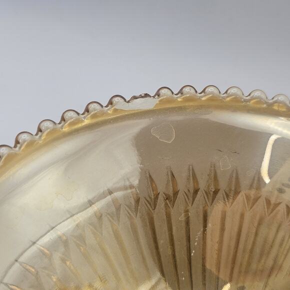 Vtg Carnival Glass Candy Dish Amber Three Footed Beaded Rim Diamond Pointed Ribs - Picture 8 of 8